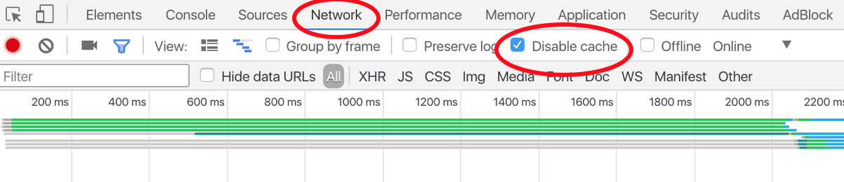 Opening up dev tools and opening the network tab with disable cache switched off