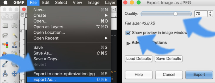 Visual demonstration of compressing image with GIMP