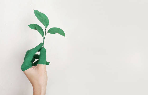 Green painted hand holding a plant