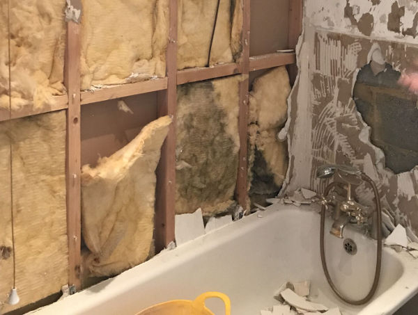 Photo of bathroom wall being teared down before renovation